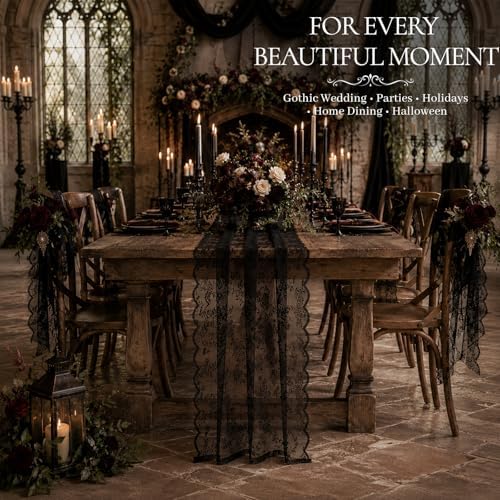 Black Lace Table Runner with Floral Embroidered (3pcs, 28”x118”) - Image 3