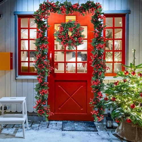 Uguisu 2pcs 5.6ft Red Artificial Christmas Garland,Eucalyptus Green Garland with Berry Flower Clusters,Artificial Vines for Fireplaces,Dining Tables,Christmas Parties - Image 7