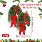Suncalla 2 Pcs Christmas Horse Head Wreath Artificial Christmas Wreath Green Pine Needles Horsehead Decor with Red Ribbon Pinecone Farmhouse Xmas Garland for Front Door Farmhouse - Image 2