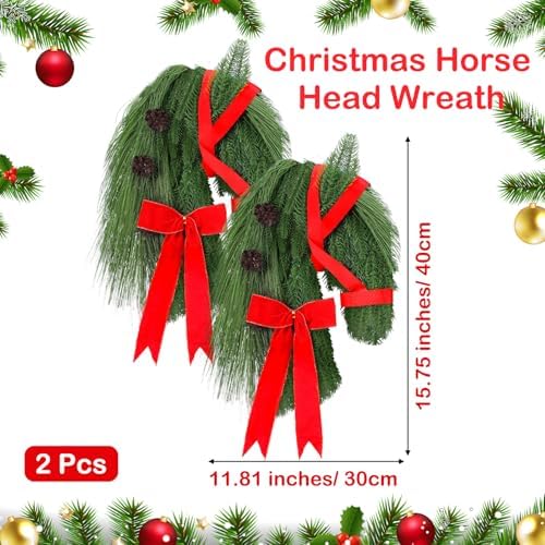 Suncalla 2 Pcs Christmas Horse Head Wreath Artificial Christmas Wreath Green Pine Needles Horsehead Decor with Red Ribbon Pinecone Farmhouse Xmas Garland for Front Door Farmhouse - Image 2