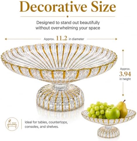 Gold Large Decorative Bowl 12'' Hand-painted Ruffle Decorative Bowl Glass Fruit Bowls Crystal Key Bowls Modern for Counter Home Decoration Table Centerpiece Kitchen Dining Room (Pedestal) - Image 2