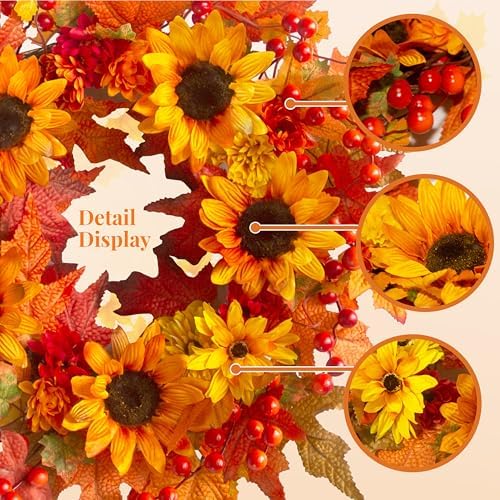 20" Sunflower Fall Wreath for Front Door Outside with Maple Leaves & Berry - Image 2