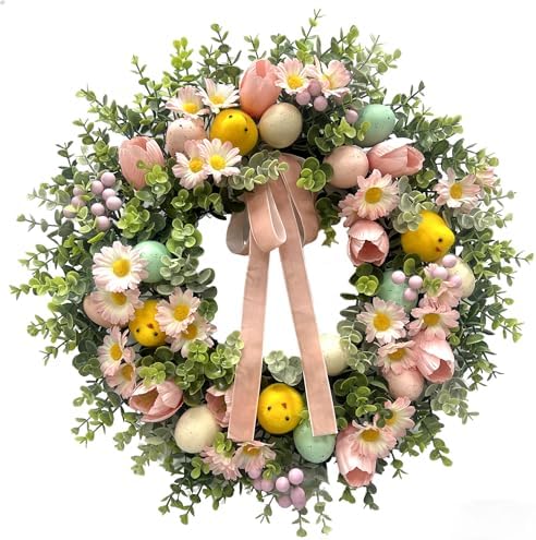 22 Inch Easter Wreath for Front Door with Easter Eggs, Eucalyptus Leaves, Daisies, Tulips, & Plush Chicks, Easter Spring Wreath with Velvet Ribbon Bow Decorations for Home by Unknown