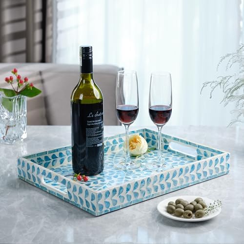 PEMAR Rectangular Mother of Pearl Serving Tray Nacre Wood Lap Ottoman Tray for Coffee Table, Luxury Decorative Handmade Eating Platters w Insert Handles (Teal Floral Pattern) - Image 4