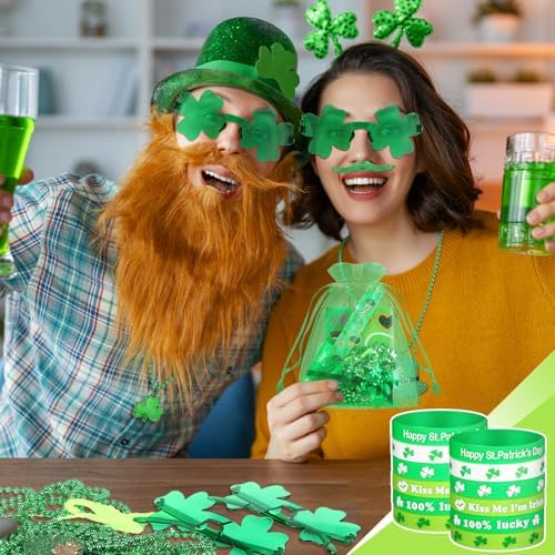 Kenning 96 Pcs St. Patrick's Day Accessories Party Favor Set, Including Four-leaf Glasses, Necklaces, Bracelets, Stickers, Mustaches, Slap Bracelets, Organza Gift Bags, Irish Decoration Party Supplies - Image 6