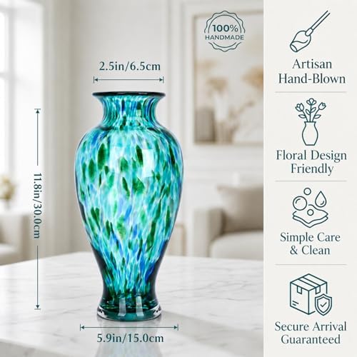 Turquoise Hand Blown Glass Vase 11.8" Tall Beautiful Designer Flower Vase - Image 2