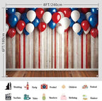 4th of July Patriotic Banner Backdrop 8x6ft Red White Blue Balloons Rustic Wooden Wall Photography Background Independence Day Memorial Day Veteran Birthday Party Decorations - Image 3