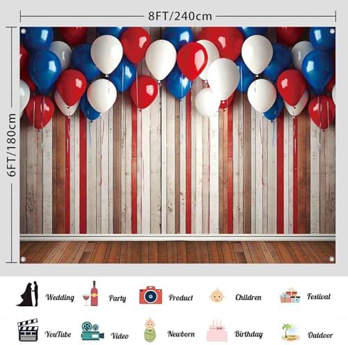 4th of July Patriotic Banner Backdrop 8x6ft Red White Blue Balloons Rustic Wooden Wall Photography Background Independence Day Memorial Day Veteran Birthday Party Decorations - Image 3