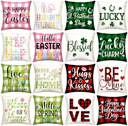 GlikCeil Set of 16 Easter Pillow Covers 18 x 18 Inch St. Patrick's Day Spring Pillowcase Holiday Throw Pillow Covers Valentine's Day Heart Clover Bunny Cushion Case Vintage Pillowcase for Home Decor by GlikCeil