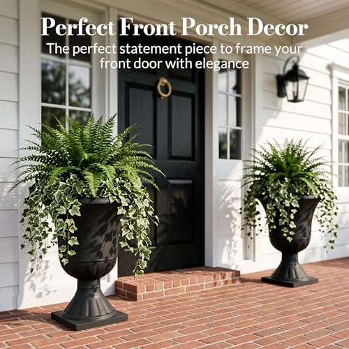 Worth Garden 2-Pack Plastic Urn Planters for Outdoor Plants, 22'' Black Tall Round Classic Resin Traditional Flower Pots - 15 in. Dia Large Imitation Stone Decorative Pot Patio Deck Front Porch - Image 2
