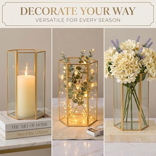 Gold Glass Hurricane Candle Holder Set of 3 Large Clear Hexagon Lanterns - Image 5