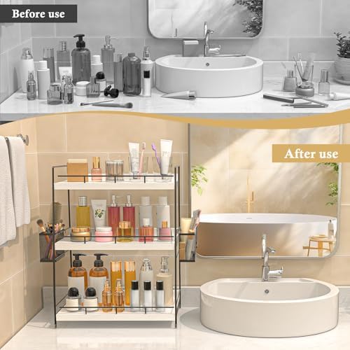 Wood Bathroom Counter Organizer with Metal Frame for Vanity Storage ,White - Image 7