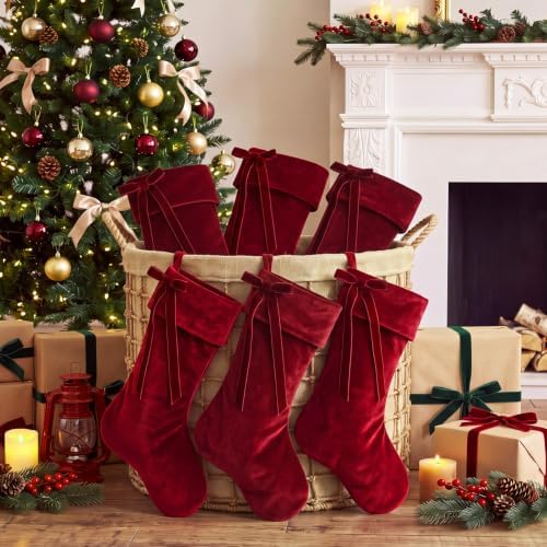 Leumoi 6 Pcs 18 Inch Farmhouse Velvet Christmas Stockings, Large Fashion Burgundy Christmas Fireplace Stockings with Bow Country Rustic Velvet Hanging Decorations for Family Mantel Party Favors - Image 6