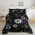 Bohemian Sun Moon Comforter Set Queen Trippy Stars Style Bedding Sets For Kids Teens Zodiac Libra Pattern Duvet Insert Universe Planet Bedding Boho Moon Phase Bedding Comforter Set Home Decor, Black by Erosebridal