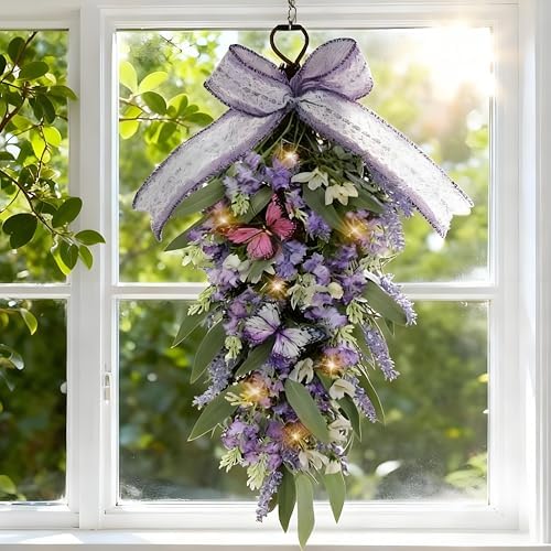 Jusdreen 23.6" LED Teardrop Wreath, Faux Lavender & Butterflies, Farmhouse - Image 5