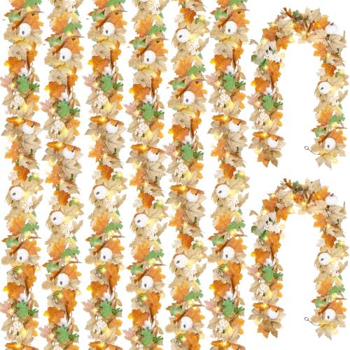 CQURE 8 Pack Fall Leaf Garland with Lights, Total 47.2Ft Artificial Fall Maple Leaves Autumn Vines Garland with LED Lights Thanksgiving Decor for Home Fireplace Party by CQURE