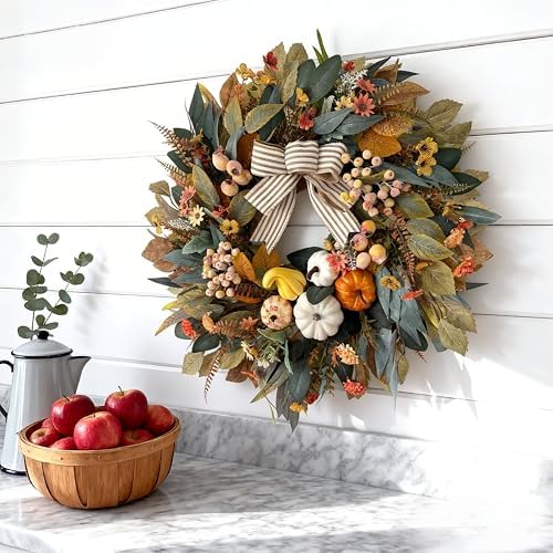 HipTree 24 Inch Fall Wreath for Front Door,Pumpkin Wreath Farmhouse Decor - Image 4