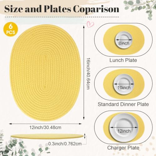 Oval Woven Placemats Set of 6, Cotton Rope 16x12 Inch, Yellow - Image 2