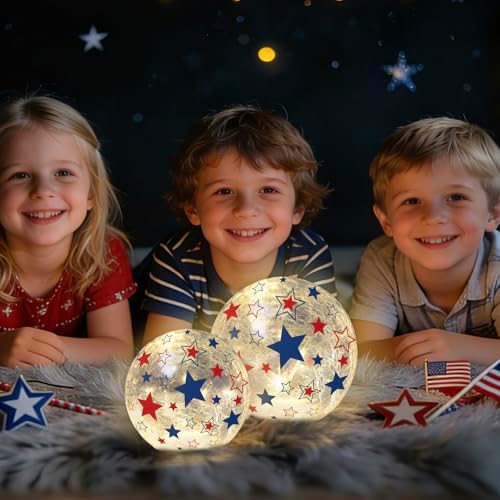 Whaline Patriotic Lighted Decorative Glass Ball 4th of July Party Decoration 4.7/6 in Red Blue American Star Crackle Glass Globe Battery Operated for Independence Day Table Mantel Fireplace, Set of 2 - Image 4
