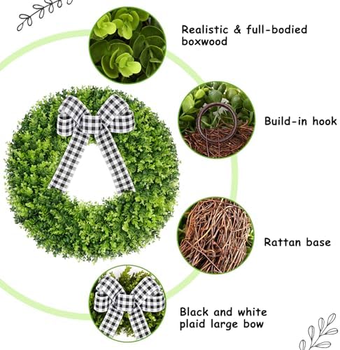 Vlorart 28" Faux Round Boxwood Wreath, Artificial Large Boxwood Wreath Front Door Wreaths Artificial Spring Summer Greenery Hanging with A Plaid Bow for Villa Wall Hanging Window Wedding Party Decor - Image 4