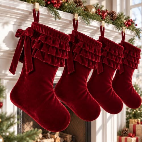 Thenshop 4 Pairs Christmas Burgundy Velvet Bow Stockings by Thenshop