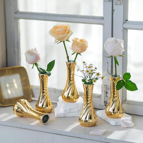 NUPTIO Gold Glass Bud Vase, Vintage Ribbed, 6.1", 6 Pcs - Image 2