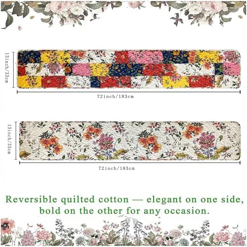 Reversible Patchwork Floral Quilted Table Runner, 13 x 72 Inch - Image 2