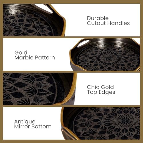 HOME ARCHIVE Round Serving Tray with with Handles Antique Look & Stylish Design Decorative Trays for Kitchen Round Ottoman Tray for Dinning Living Room & Home Decor Pack of 2 (Silver-Gold) - Image 4