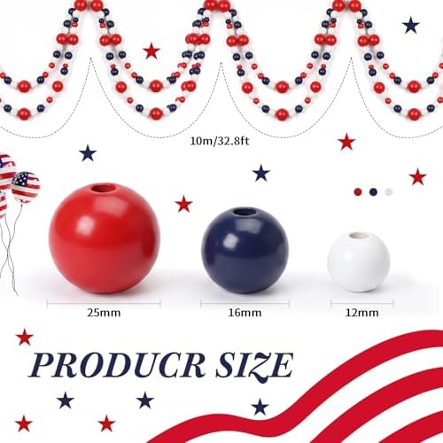 Giegxin 1 Pcs 32.8 ft 4th of July Wooden Bead Garland Patriotic Hanging Garland Farmhouse Beads Decor for Independence Day Mantel Table Party Wall Home Decorations (Blue,Red,White) - Image 2