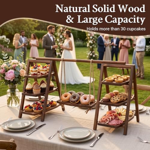 3 Tier Wood Ladder Cupcake Stand Serving Tray Wood 3 Tier Foldable Serving Tray Set of 2 - Image 4
