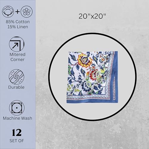 FINGERCRAFT Cloth Napkins Set of 12 Cotton Linen, 20x20 Inch, Blue Floral - Image 6