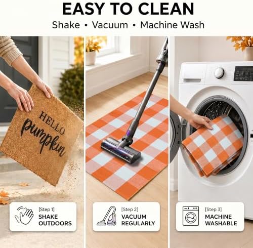Fall Decor Doormat Combo Set, 100% Coco Coir Welcome Mat + 3' x 5' Orange and White Plaid Rug - Fall Thanksgiving Front Porch Entryway Decor Floor Mat, Indoor Outdoors Autumn Mats Hello Pumpkin - Image 6