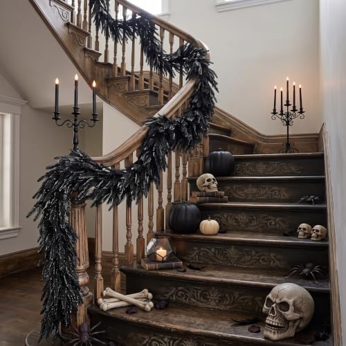 XunYee 6 ft Halloween Black Garland Artificial Norfolk Pine Garland Decor - Image 5