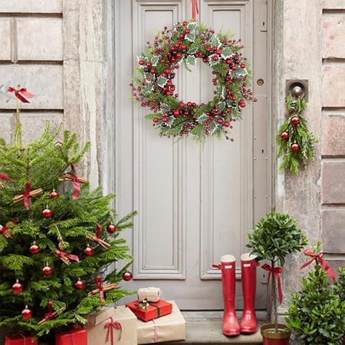 LLZLL Christmas Wreath for Front Door 20 Inch Indoor Christmas Wreaths Artificial Red Berry Wreath with Norfolk Pine and Holly Leaf for Holiday Celebrations - Image 5