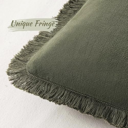 MIULEE Boho Linen Fringe Decorative Throw Pillow Covers Olive Green 16x16 - Image 2