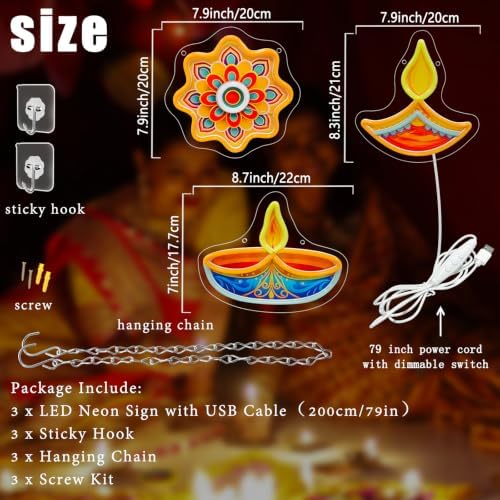 3 Pcs Diwali Neon Sign UV Printed Oil Lamp Lotus Flower Shape Neon Light - Image 3