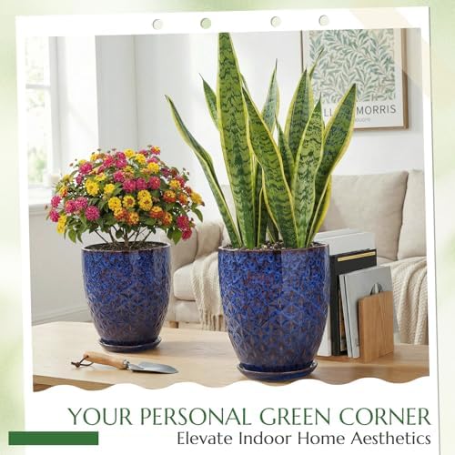 11.8 Inch Flower Pots for Indoor Plants,Ceramic Planter with Saucer Drainage Leak-Proof Mesh Gardening Gloves (Peacock-Blue) - Image 2