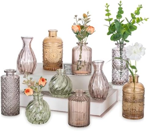 Glasseam Glass Bud Vases for Flowers: 10Pcs Amber Vintage Small Vases Set by Glasseam