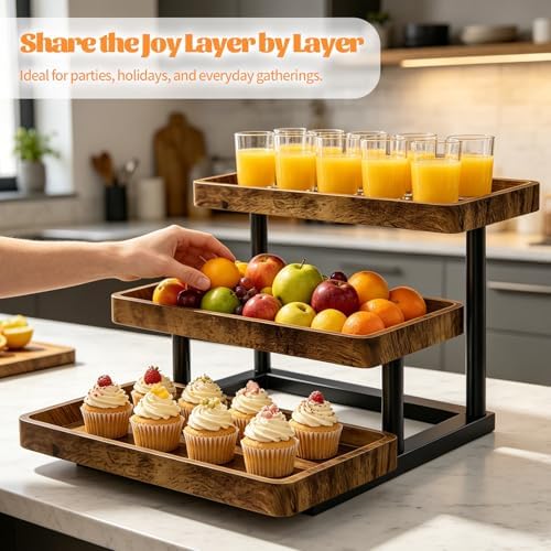 3 Tier Serving Tray for Party, Wood Cupcake Stand with Sturdy Metal Frame - Image 5
