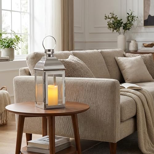 JHY DESIGN Silver Decorative Lanterns 12.5''High Stainless Steel Candle Lanterns with Tempered Glass for Indoor Outdoor Events Parities and Weddings Vintage Style Hanging Lamps - Image 6