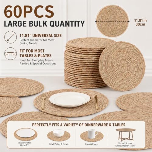 60Pcs Round Placemats Bulk Plate Chargers Set, 11.81in Woven Placemat Rustic Braided Straw Rattan Charger Natural Cattail Place Mat for Wedding Party Table Single Tableware Use (60pcs) - Image 2