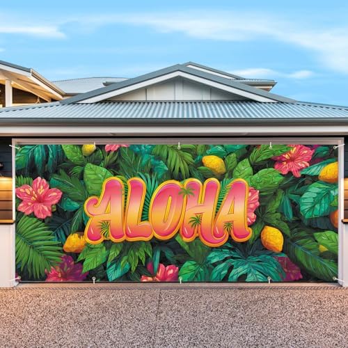 7 * 16FT Summer ALOHA Garage Door Cover Decorations Sunset Palm Trees Garage Door Banner for Outdoor Indoor Summer Party Photography Backdrop - Image 5