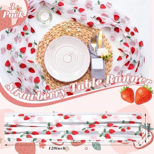 Mindsoft 3 Pcs Strawberry Table Runner, 10ft Tablecloth Strawberry Party Decorations Gauze Embroidery Tulle Lace Runner, for Table Wedding Birthday Bridal Baby Shower Holiday Dining Decor DIY - Image 6