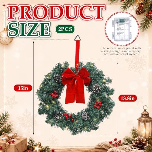 Norme 2 Packs Pre-lit Mini Christmas Garage Wreaths, 14 Inch - Image 2