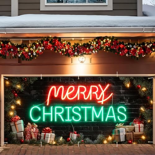 Neon Merry Christmas Garage Door Banner 7x16FT, Colorful Neon Holiday Sign for Christmas, Large Outdoor Xmas Decoration for Garage Doors by ANNAQUEEN