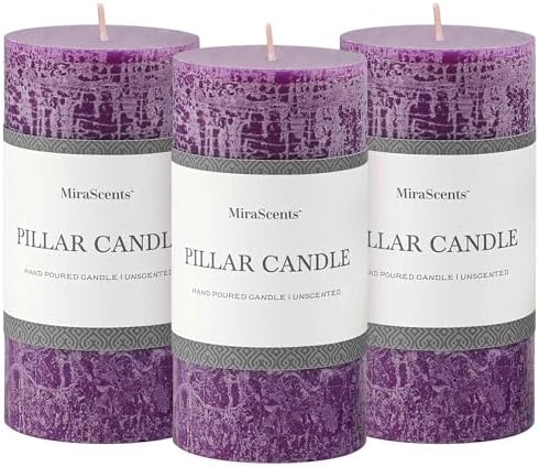 3x6 Inch Purple Pillar Candles Set of 3 - Hand-Poured Unscented Candles, Long Clean Burning, Large Big Candle, Smokeless Dripless Candle for Dinner Table, Wedding, Home, Bathroom, Advent Decor by MiraScents