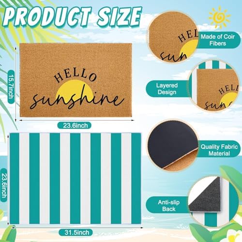 2 Pcs Layered Front Porch Decor, Hello Sunshine Welcome DoorMats Summer Coastal Entryway Rug Set, Light Blue White Striped Crystal Velvet Base and PVC Coil Door Mat, 15.7x23.6 & 23.6x31.5 - Image 2