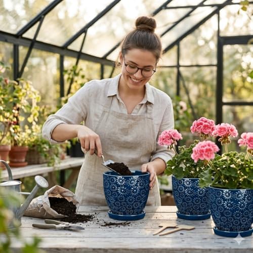 Hollyone 6 Inch Blue Ceramic Planter Flower Plant Pot with Drainage Hole and Saucer for Plants Embossed Indoor Outdoor Garden Embossed Ceramic Glazed Round Pot for Succulent Orchid Sunshine Pattern - Image 4