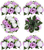 BLOSMON Purple Flowers Ball for Centerpieces: 6 Pcs Fake Lilac White Roses Flowers for Wedding Dinning Table - Faux Silk Kissing Bouquet with Base Floral Arrangement for Home Party Event Decor by Blosmon