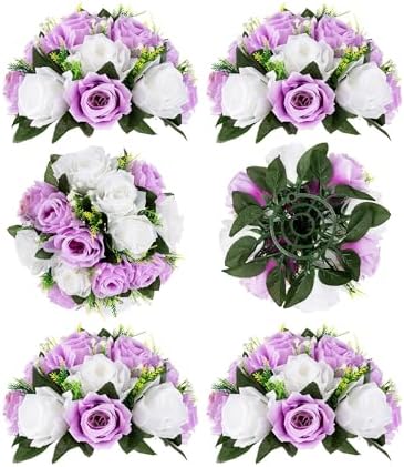 BLOSMON Purple Flowers Ball for Centerpieces: 6 Pcs Fake Lilac White Roses Flowers for Wedding Dinning Table - Faux Silk Kissing Bouquet with Base Floral Arrangement for Home Party Event Decor by Blosmon